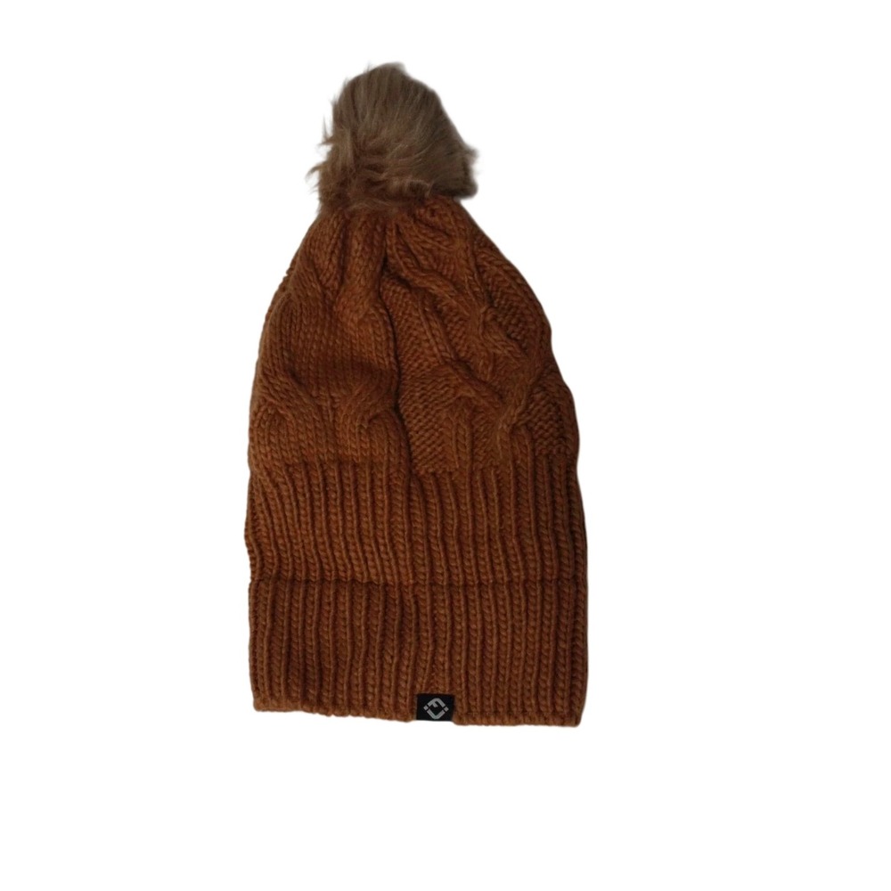 Funky Junque Cable Knit Beanie Fleece Lined Faux Fur Pom Pom Winter Hat Brown